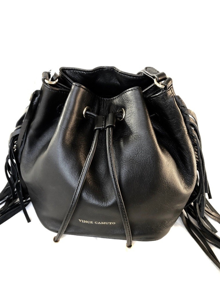 Vince Camuto Fringe Black Leather Drawstring Bucket Bag